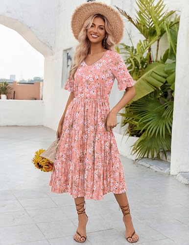 Zeagoo Women's Summer Flowy Midi Dress Casual Ruffle Sleeve V Neck Beach Dress Tiered Floral Flowy Beach Dress