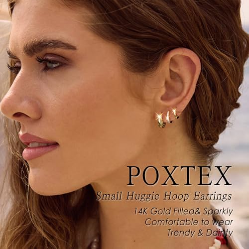 Poxtex Small 14K Gold Plated Huggie Hoop Earrings Set for Women, Hypoallergenic Trendy Hoops Stacks for Multiple Piercings, Dainty Cute Mini Lightweight Cartilage Helix Jewelry Gift Sensitive Ears