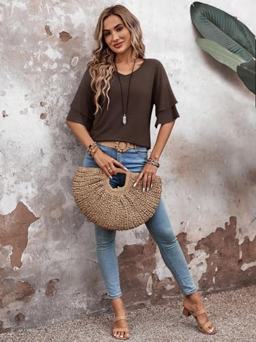 FUNBANG Womens V Neck Short Sleeve Shirts Double Tiered Ruffle T-Shirt Three Quarter Length Sleeve for Spring Summer Blouse 2026 Loose Fit Tunic 2026 Half Bell Fashion Clothes,Coffee Brown,M