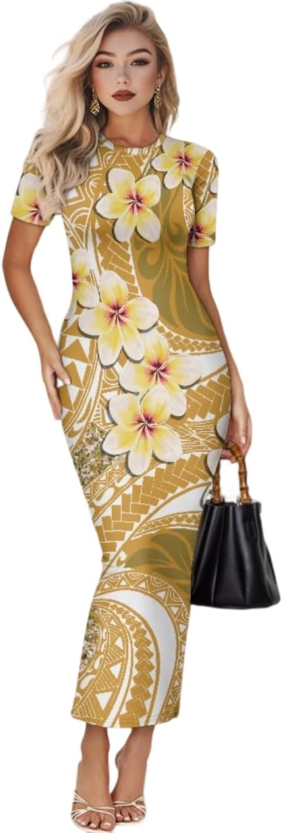 Women's Jamaican Flag Bodycon Midi Dress Short Sleeve Samoa Puletasi