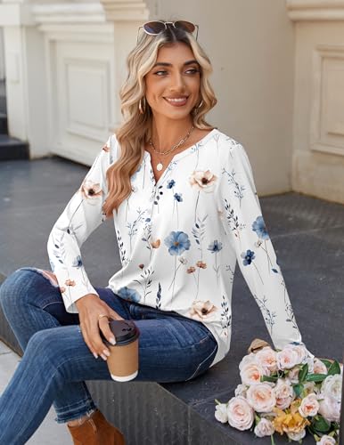 Zeagoo Long Sleeve Shirts for Women Casual Henley V Neck Fall Tops Business Work Blouses Clothes Floral White