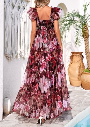 PRETTYGARDEN Women's Summer Tulle Midi Dress Sleeveless Smocked Ruffle Flowy Mesh Dresses Party Wedding Guest Sundress (Floral Brown Pink,Medium)