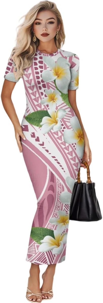 Women's Jamaican Flag Bodycon Midi Dress Short Sleeve Polynesain Plumeria