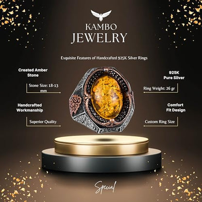 KAMBO Created Stone Ring, Elegant Handmade 925K Sterling Silver Men's Ring, (Honey Amber Created)