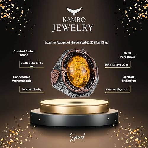 KAMBO Created Stone Ring, Elegant Handmade 925K Sterling Silver Men's Ring, (Honey Amber Created)