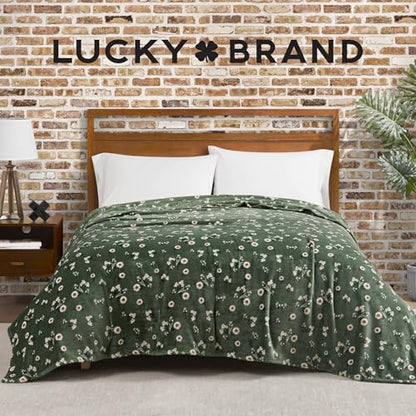 Lucky Brand Daisy Green Floral 90"X90" Cozy Plush Blanket - Premium Microfiber Throw for Luxurious Comfort and Style Full/Queen Size