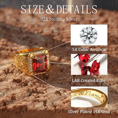 PEIMKO Red Ruby Ring for Men 14K Gold Plated in Sterling Silver Celtic Knot Red Ruby Wedding Band Ring Size 7