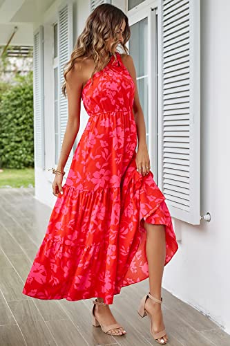 PRETTYGARDEN Women's Summer Floral Maxi Dress Knot One Shoulder Sleeveless Ruffle Flowy Boho Beach Wedding Guest Dresses (Red Floral,Medium)