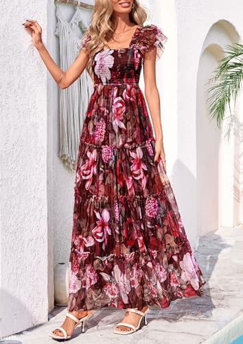 PRETTYGARDEN Women's Summer Tulle Midi Dress Sleeveless Smocked Ruffle Flowy Mesh Dresses Party Wedding Guest Sundress (Floral Brown Pink,Medium)