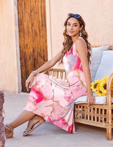 Zeagoo Dresses for Women Sundress with Pocket Knee Length Dress Floral Beach Dress O Neck Summer Sleeveless Tank Midi Dress Casual Swing Aline Loose Tshirt Dress