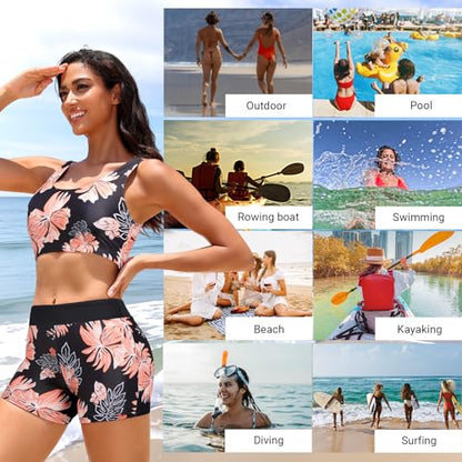 Holipick Orange Floral Long Sleeve Swimsuits for Women - 3 Piece Rash Guard with Shorts Zipper SPF Swim Shirt with Built in Bra L
