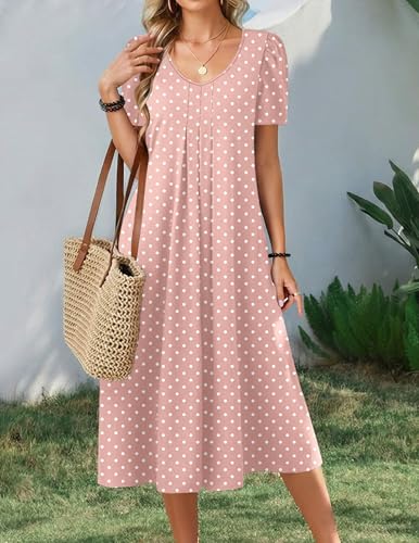 Zeagoo Summer Dresses for Women 2026 Long Flowy Dress with Pockets Womens Midi Dress Short Sleeve Sundresses Womens Casual Dress Pink Dot L