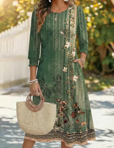 Zeagoo Boho Dresses for Women 2026 Crewneck 3/4 Sleeves A line Casual Flowy Swing Dress Summer Midi Long Sundress Floral-840 S