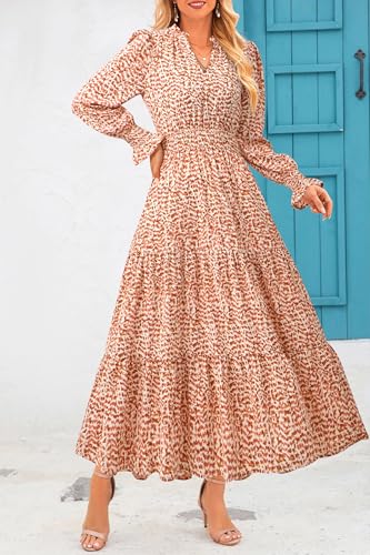 PRETTYGARDEN Women's Floral Maxi Dress 2025 Fall Long Sleeve V Neck Casual A Line Long Flowy Boho Party Dresses (Floral Orange,Medium)