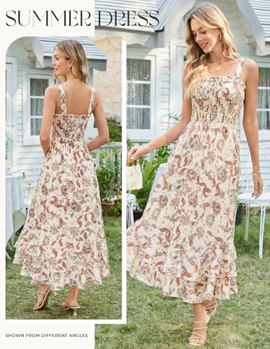 GRACE KARIN Women's 2025 Summer Floral Boho Dress Square Neck Strapped Swing A Line Sundress Beach Long Maxi OutfitsBeige L
