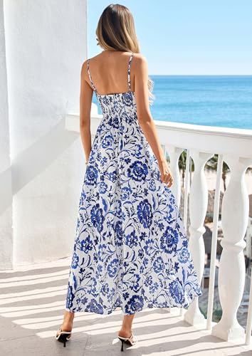 PRETTYGARDEN Womens 2026 Spring Boho Maxi Dress Eyelet Floral Long Flowy Sundresses Summer Beach Vacation Clothes (Floral White Blue,Medium)