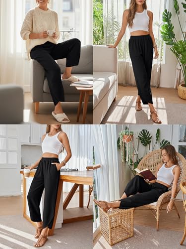 Trendy Queen Women's Wide Leg Pants, Soft Cotton Blend with Pockets for Casual Summer Black XL