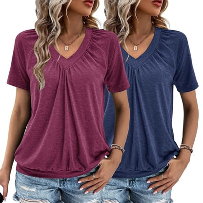 2 Pack Summer Tops for Women V Neck Shorts Sleeve Casual Ruched Tops Women T Shirts Clothes Trendy 2026