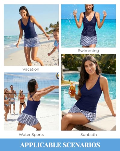 Talisea Womens Tankini Bathing Suits with Skirt Two Piece Tummy Control Swimsuits Ladies Swimwear Blue Star M