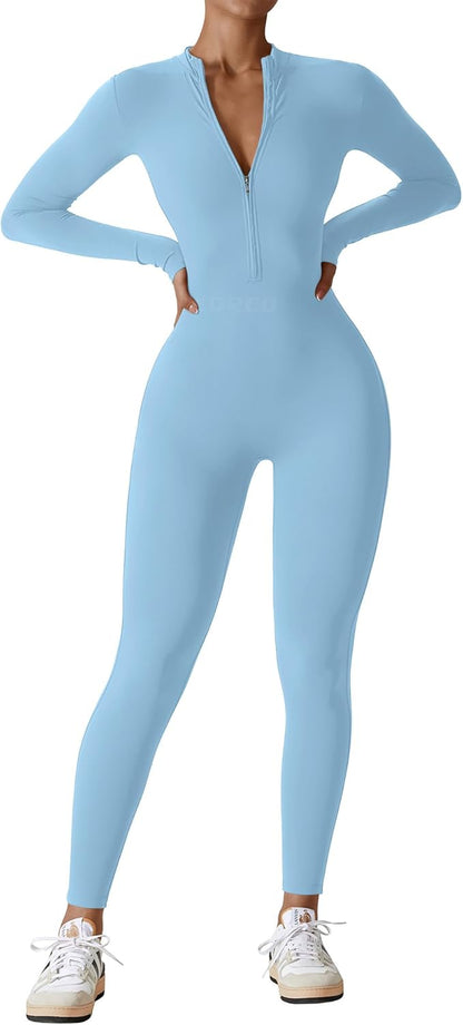 Women's Long Sleeve Workout Jumpsuit - Zip Up Bodycon Romper One Piece Light Blue Medium