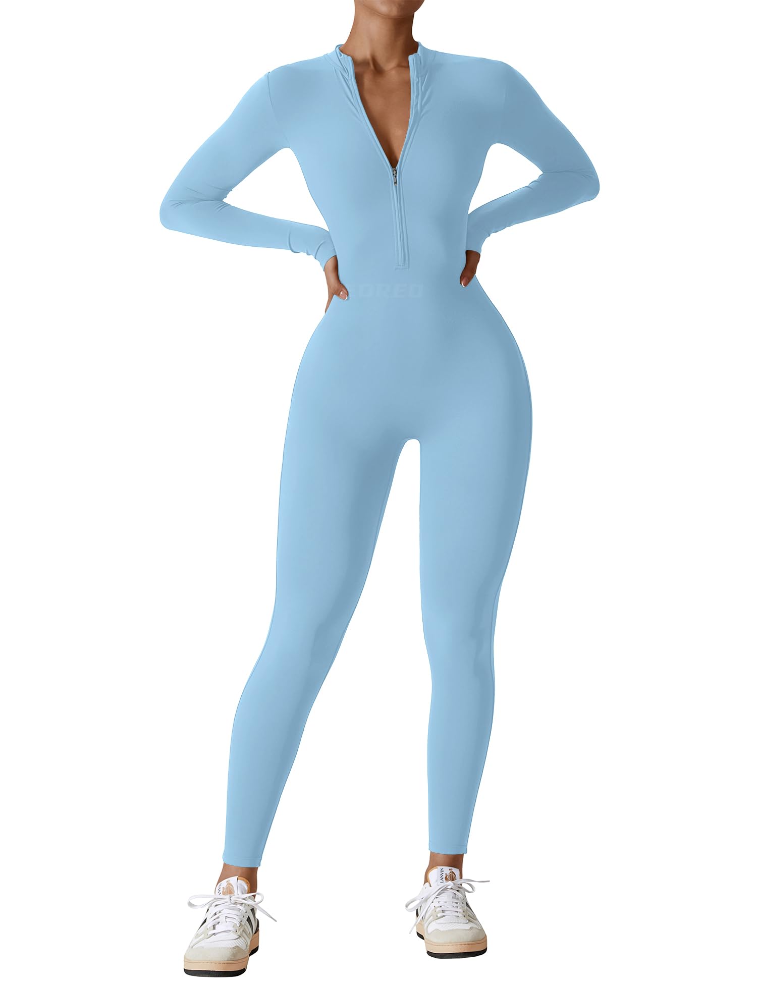 Women's Long Sleeve Workout Jumpsuit - Zip Up Bodycon Romper One Piece