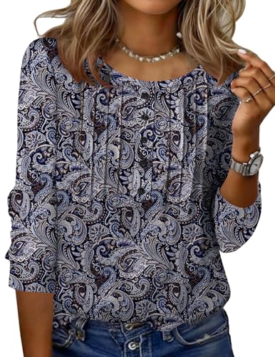 Zeagoo Womens Tops 3/4 Length Sleeve Top Seniors Business Casual Blouse Boho Print Crew Neck T-shirt Casual For Spring Spring Summer Basic Blouses Shirts
