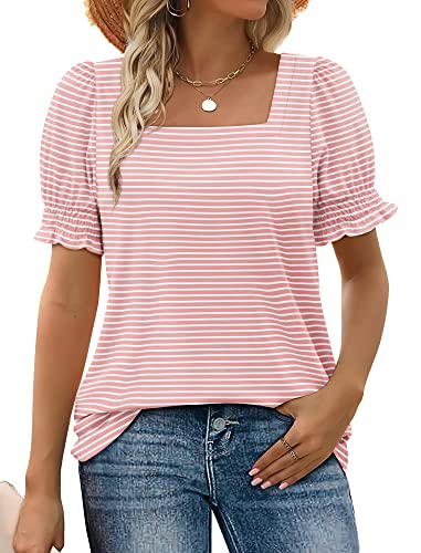 WIHOLL Summer Tops Women 2026 Cruise Travel Essentials Square Neck Easter Shirts Outfits Beach Vacation Clothes Fashion Clothing Pink Stripe L