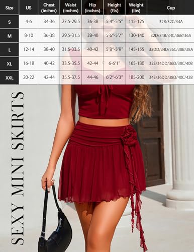 Avidlove Women's Mini Skirt Mesh Flowy Y2K Skirts 3D Flower Asymmetric Hem Skirt Wine Red L