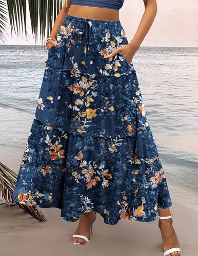 Zeagoo Womens Elastic High Waisted Skirts with Pockets Summer Long Maxi Skirts Women's Floral Printed A Line Skirts Womens Flowy Boho Tiered Skirts XL