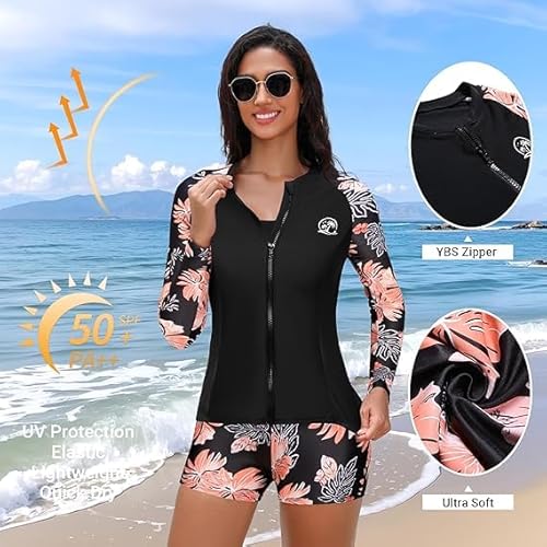 Holipick Orange Floral Long Sleeve Swimsuits for Women - 3 Piece Rash Guard with Shorts Zipper SPF Swim Shirt with Built in Bra L