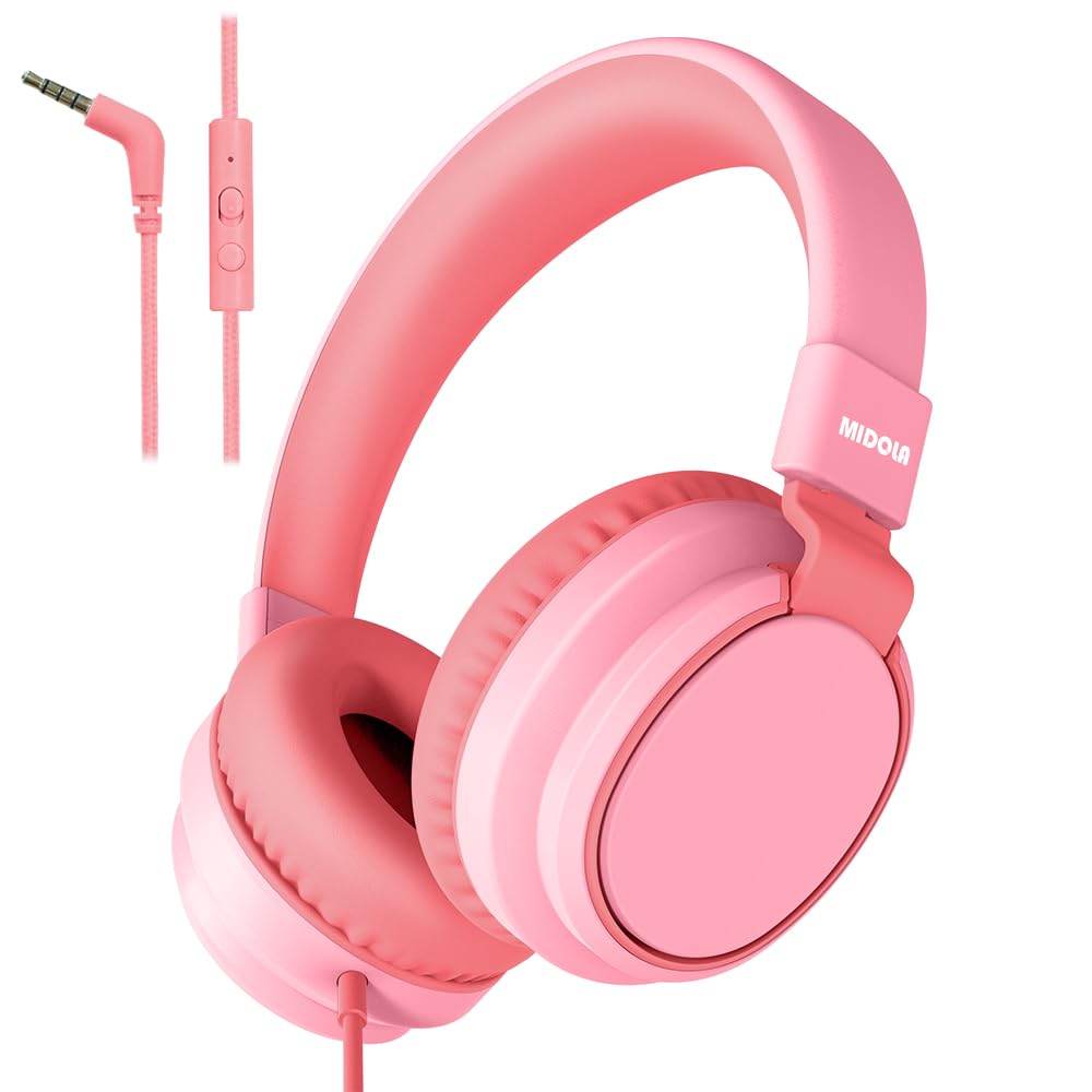 Kids Headphones Volume Limited 85/94dB - Wired Over-Ear Foldable Headset with Microphone Pink Pink