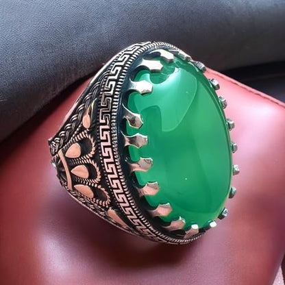 Big Stone,Yemen's Verdant Beauty Large Green Agate Ring in 925 Sterling Silver,Authentic Yemeni Agate Stone in 925 Silver - Statement Piece عقیق یمانی (11.5)