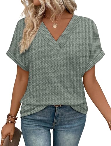 Plus Size Spring Clothes for Women Fashion Waffle Knit Short Sleeve Tops Summer Outfits Blouses Dressy Casual V Neck T Shirts Green XXL