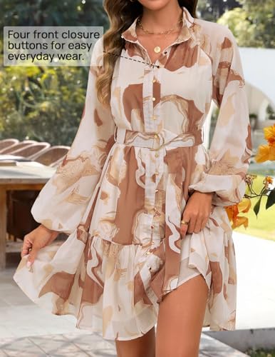ZESICA Womens Spring Summer Floral Mini Dress Long Sleeve Button Chiffon A Line Swing Short Wedding Guest Party Dresses Brown Medium