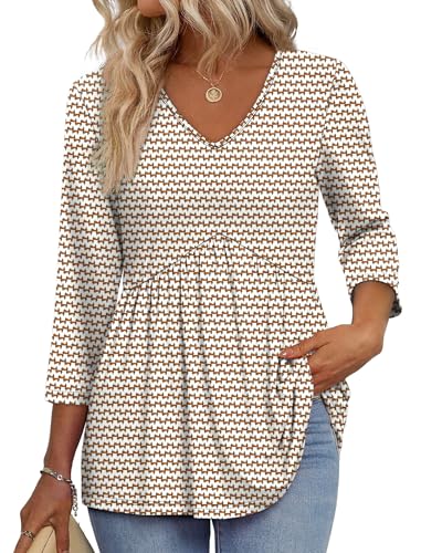 OFEEFAN Plus Size Women Blouses Ladies 3/4 Length Sleeve Tops 2025 Chocolate Brown Fall Clothing Spring Tshirts Shirts for Women Babydoll Tunic Top Cowgirl Western Outfits 2XL