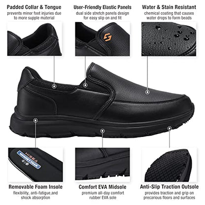 HISEA Non Slip Work Shoes for Men, Water & Oil Resistant Leather Slip on Kitchen Shoes, Comfortable Mens Slip Resistant Chef Shoes for Restaurant Food Service, Lightweight Walking Shoes, Black