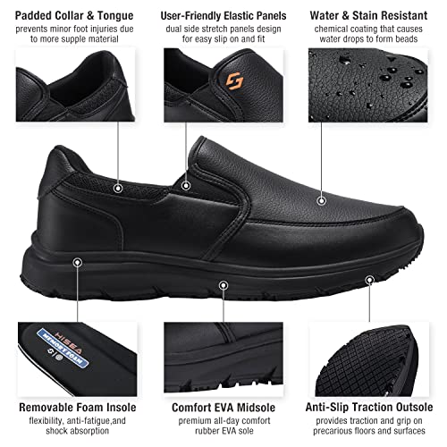 HISEA Non Slip Work Shoes for Men, Water & Oil Resistant Leather Slip on Kitchen Shoes, Comfortable Mens Slip Resistant Chef Shoes for Restaurant Food Service, Lightweight Walking Shoes, Black