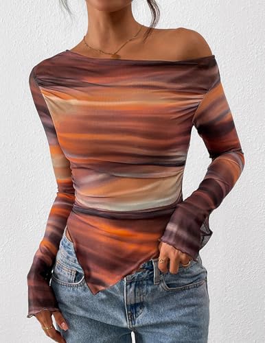 PRETTYGARDEN Womens Fall Trendy Off Shoulder Y2k Tops 2026 Tie Dye Mesh Long Sleeve Shirts Asymmetrical Ruched Floral Blouse (Floral Brown,Medium)