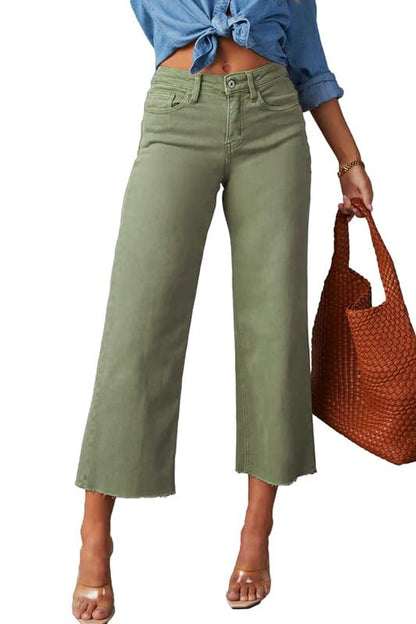 Allimy Women's High Waisted Straight Ankle Wide Leg Ripped Jeans Frayed Hem Stretchy Capri Denim Pants Olive Size 4