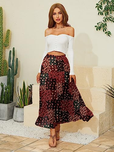 NASHALYLY Women's Chiffon Elastic High Waist Pleated A-Line Flared Maxi Skirts(Flower-215,L)