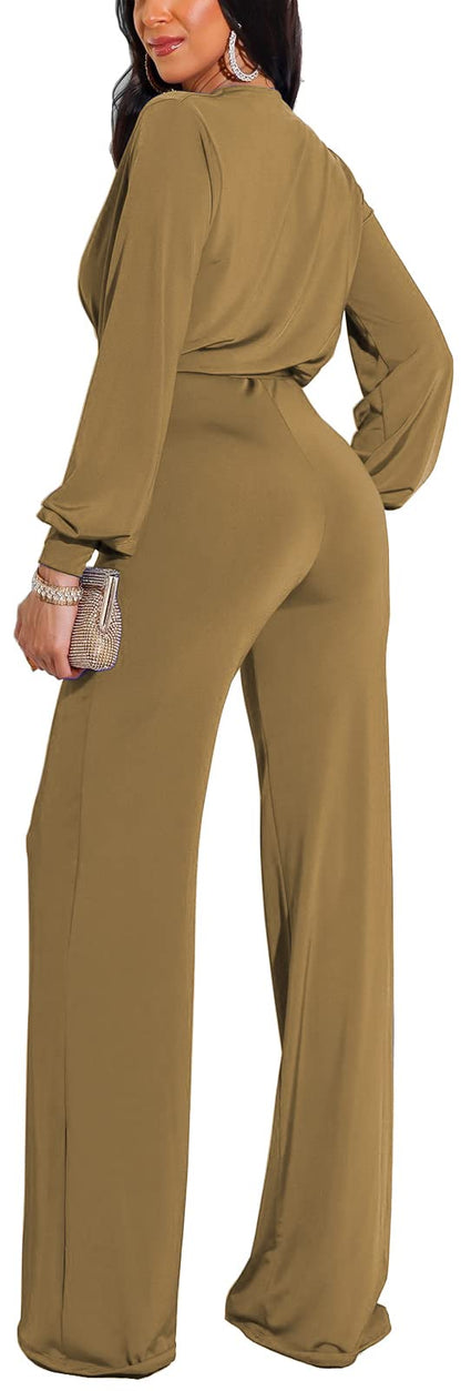 shengfan Formal Jumpsuits for Women Dressy Evening Sexy Deep V Neck Plus Size Long Wide Leg Pants Rompers Clubwear