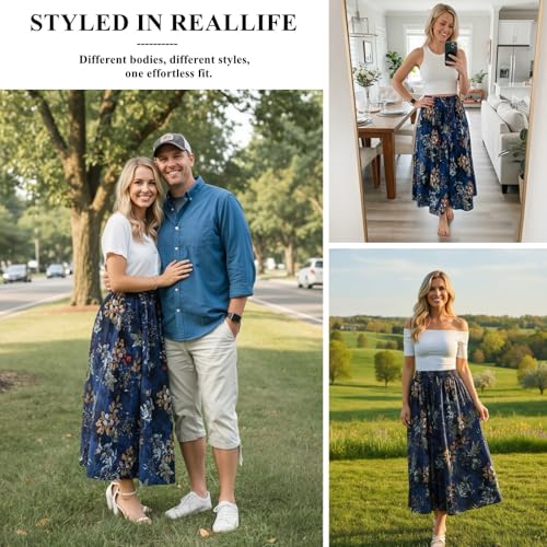 Abaadlw Maxi Skirts for Women with Pockets Long Midi Length Casual Skirt for Beach Party Holiday (A31 Blue Floral L)