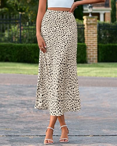 BTFBM Satin Skirts for Women Trendy Spring Summer 2026 High Waisted Leopard Print Cocktail Wedding Long Silk Midi Skirt(Dot Apricot Black, Medium)