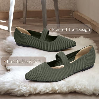TINGRISE Women's Flats Shoes Pointed Toe Knit Washable Ballet Comfortable Dressy Mary Jane Flat Green US9