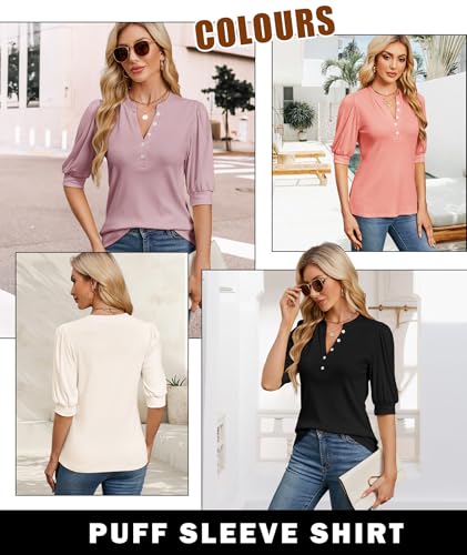 Ohhettm Summer Tops for Women 2026 Trendy Dressy Casual Blouse Puff Short Sleeve Shirts Knit Henley V Neck T Shirt Tunic White XL