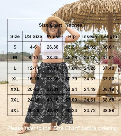 Bestbee Womens Plus Size Palazzo Pants Dressy Casual Wide Leg Gaucho Pant Business Flowy Slacks Elastic Waist with Pockets, 2XL, Black-White Flower