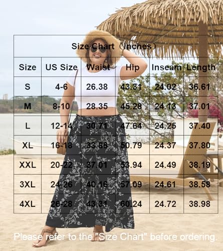 Bestbee Womens Plus Size Palazzo Pants Dressy Casual Wide Leg Gaucho Pant Business Flowy Slacks Elastic Waist with Pockets, 2XL, Black-White Flower