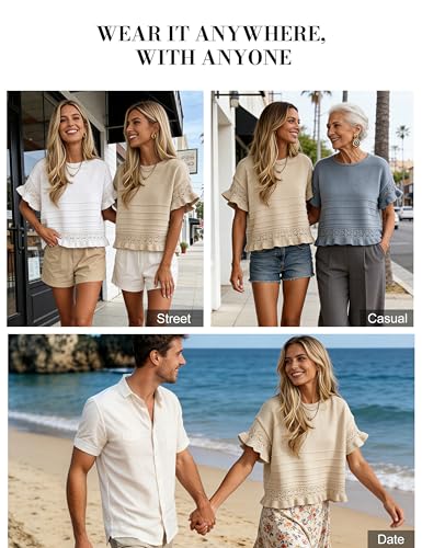 Yeokou Womens Short Sleeve Sweater Round Neck Ruffled Hem Knit Crochet Pullover Summer Fall Casual Top Blouse(Khaki-M)