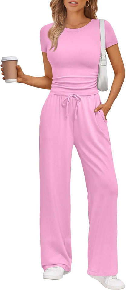 Women's 2 Piece Matching Sweatsuit Wide Leg Pants Crop Top Set