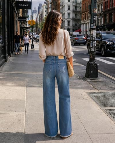 UPNET Womens High Waisted Jeans Stretchy Straight Leg Loose Fit Tummy Control Raw Hem Denim Pants Trendy 2025 Fashion (US, Numeric, 8, Regular, Regular, Blue)